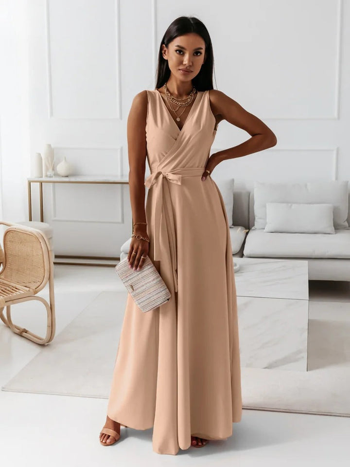 Annabelle | Robe longue unie pour femme avec col en V