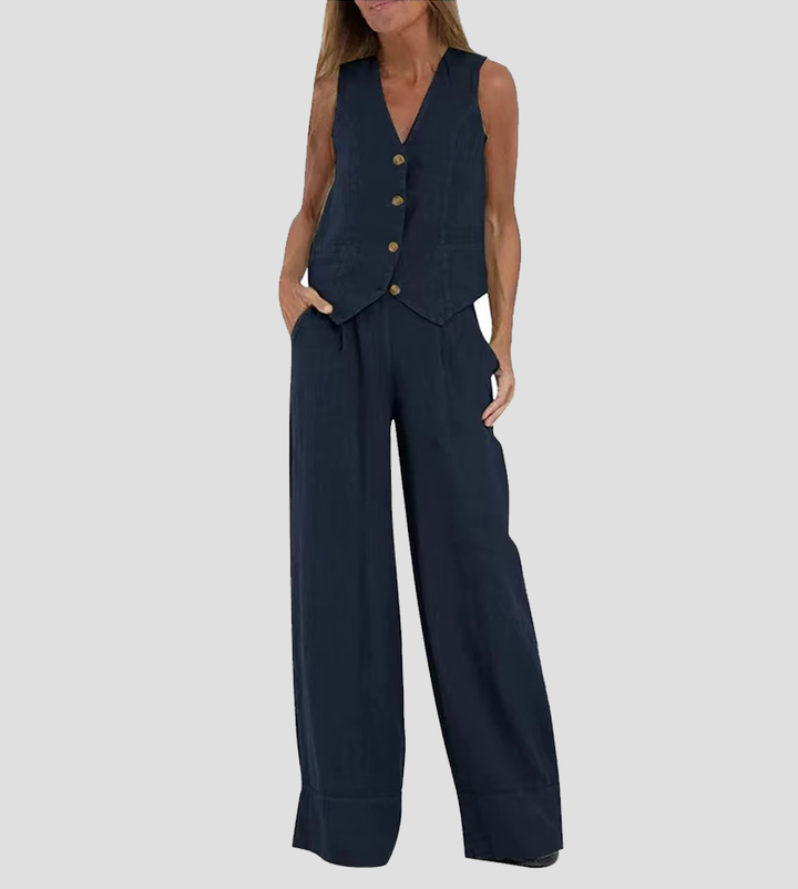 Marceline | Ensemble en lin sans manches avec gilet à col en V pour femme
